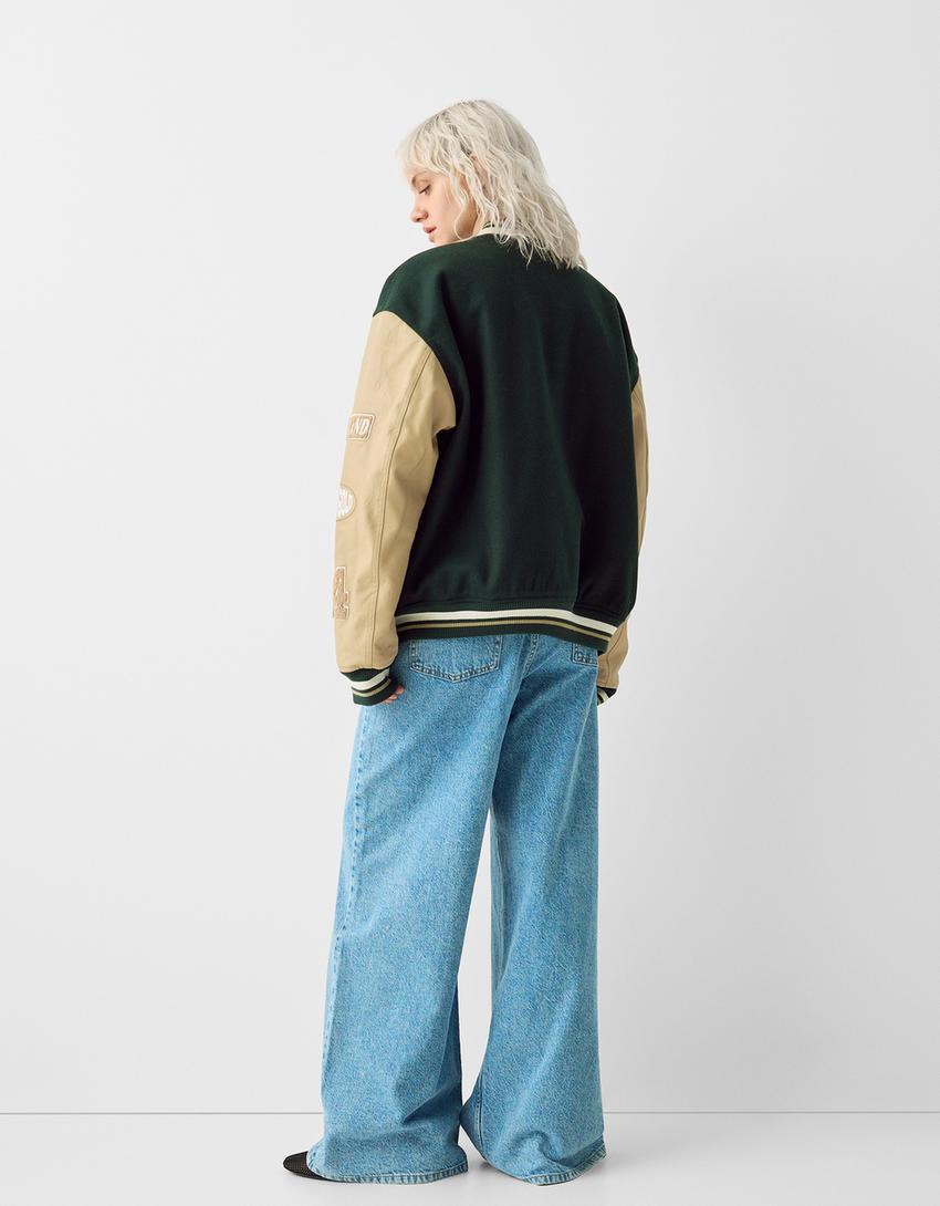 جاكيت جامعي لباد بملمس بارز وأكمام جلد صناعي-أخضر-1