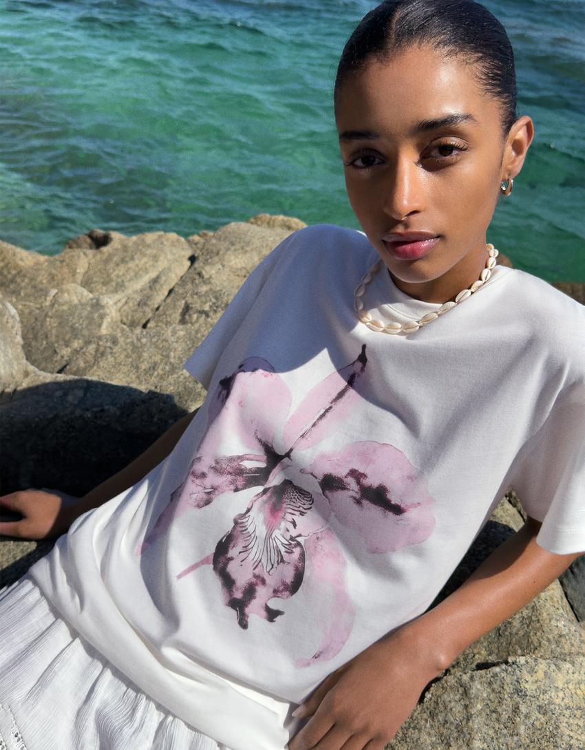 T-shirt manches courtes oversize imprimé-Blanc cassé-2
