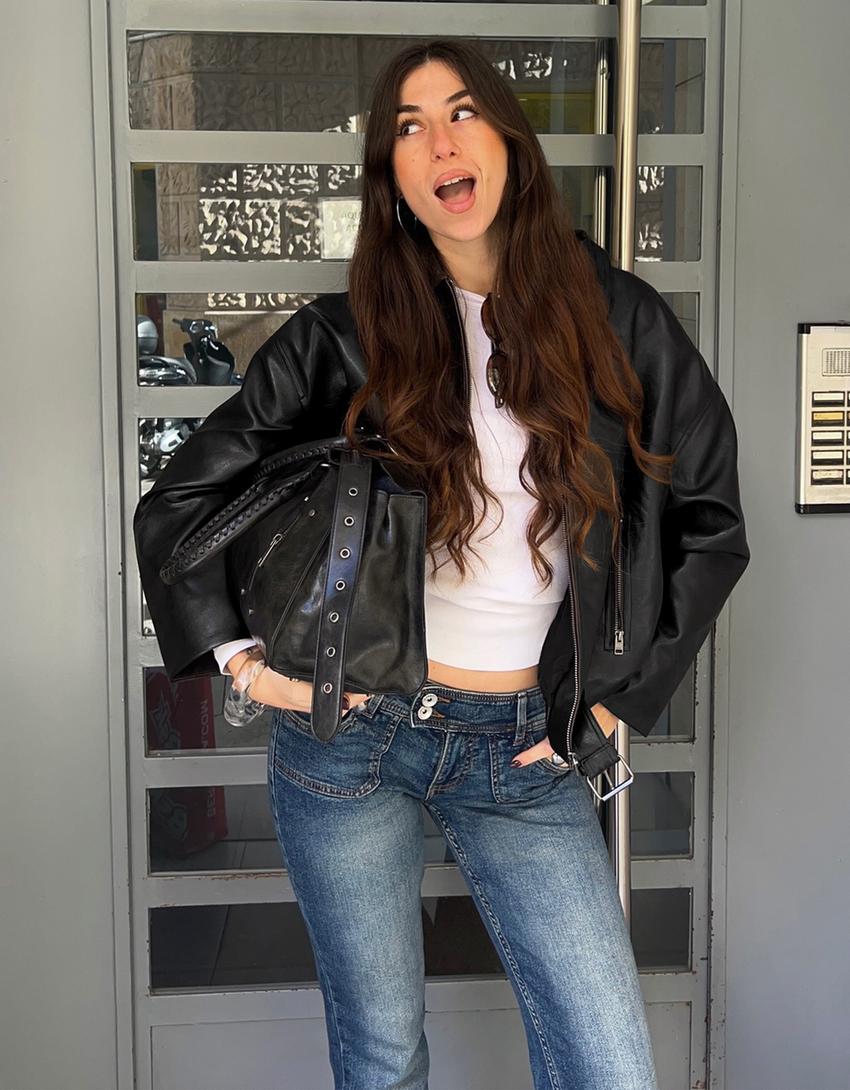 Blouson bomber similicuir ceinture-Noir