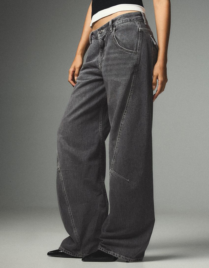 Düşük bel barrel fit jean-Koyu gri