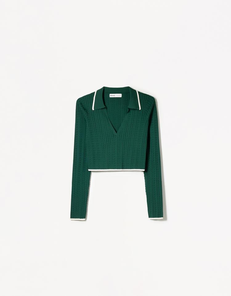 Cable-knit polo collar sweater