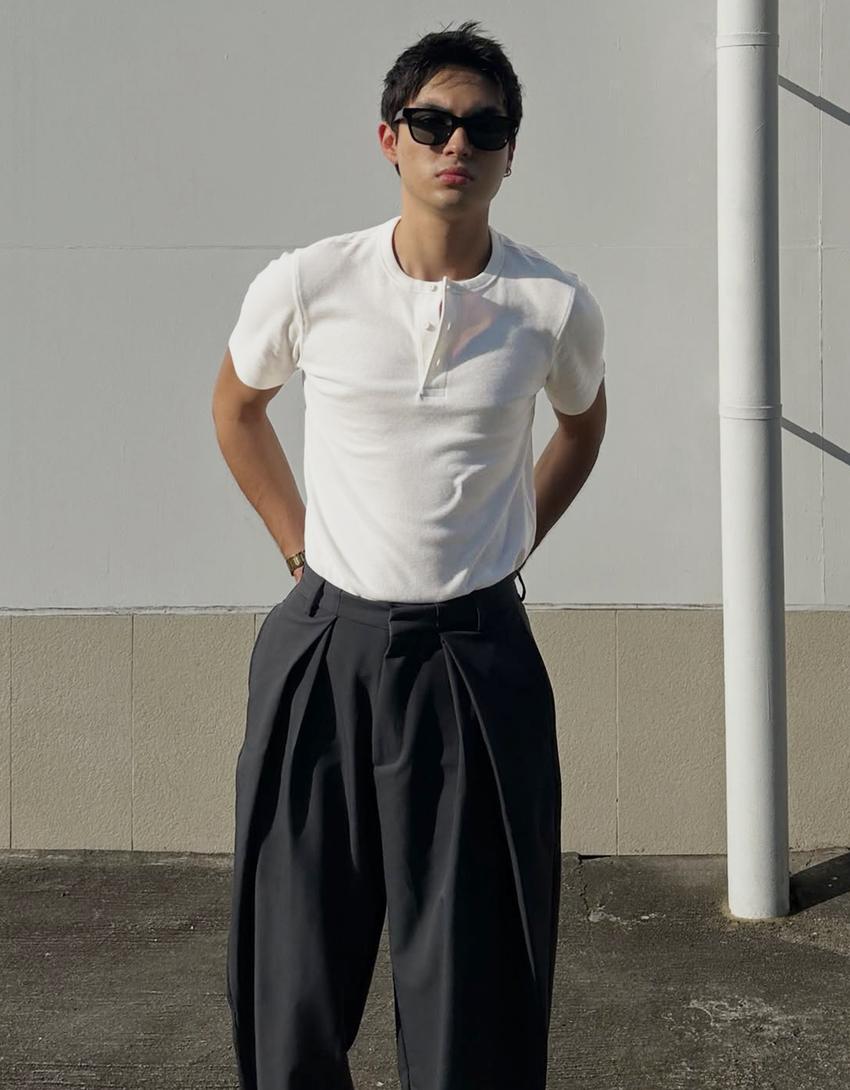 Short sleeve henley waffle T-shirt-Off white