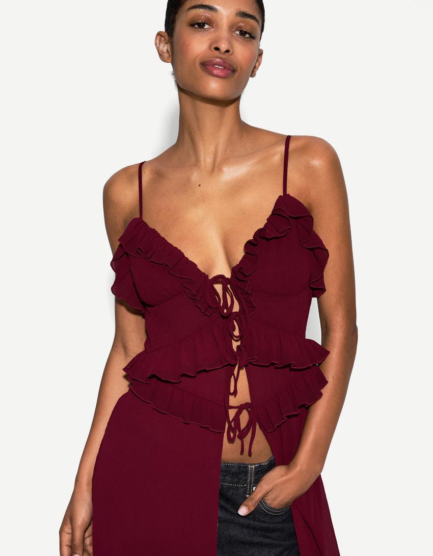 Extra-long textured top with buttons-Maroon-1