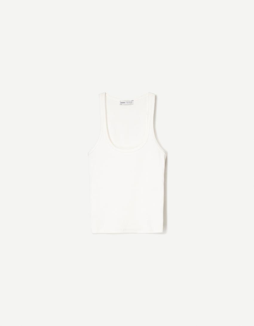 Mouwloos T-shirt met ribcord-Gebroken Wit-3