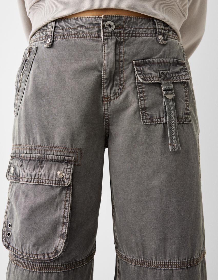 بنطال كابري كارغو قطني-رمادي داكن-6