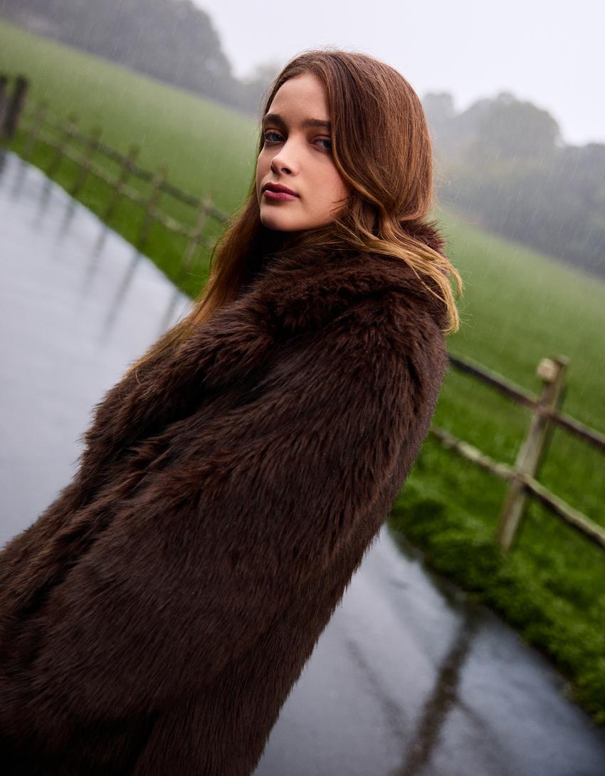 Manteau long fausse fourrure-Marron