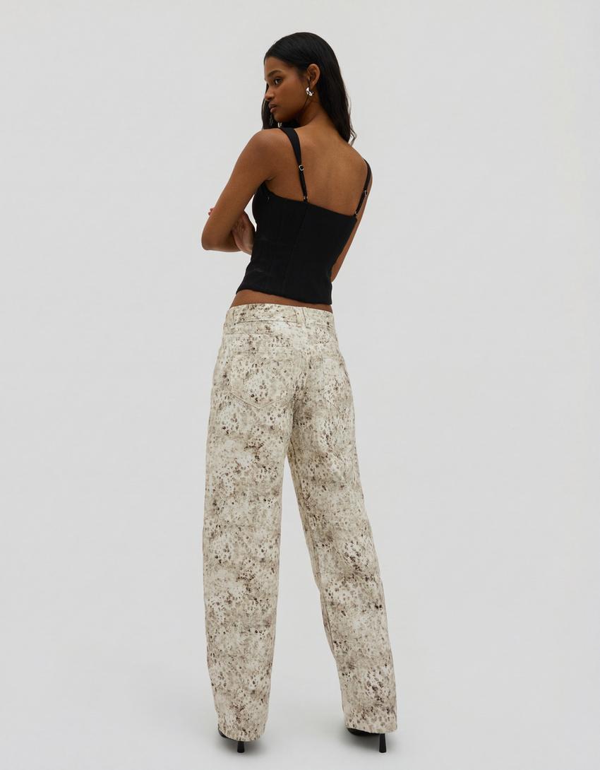 Jeans baggy barrel taille basse imprimé-Écru