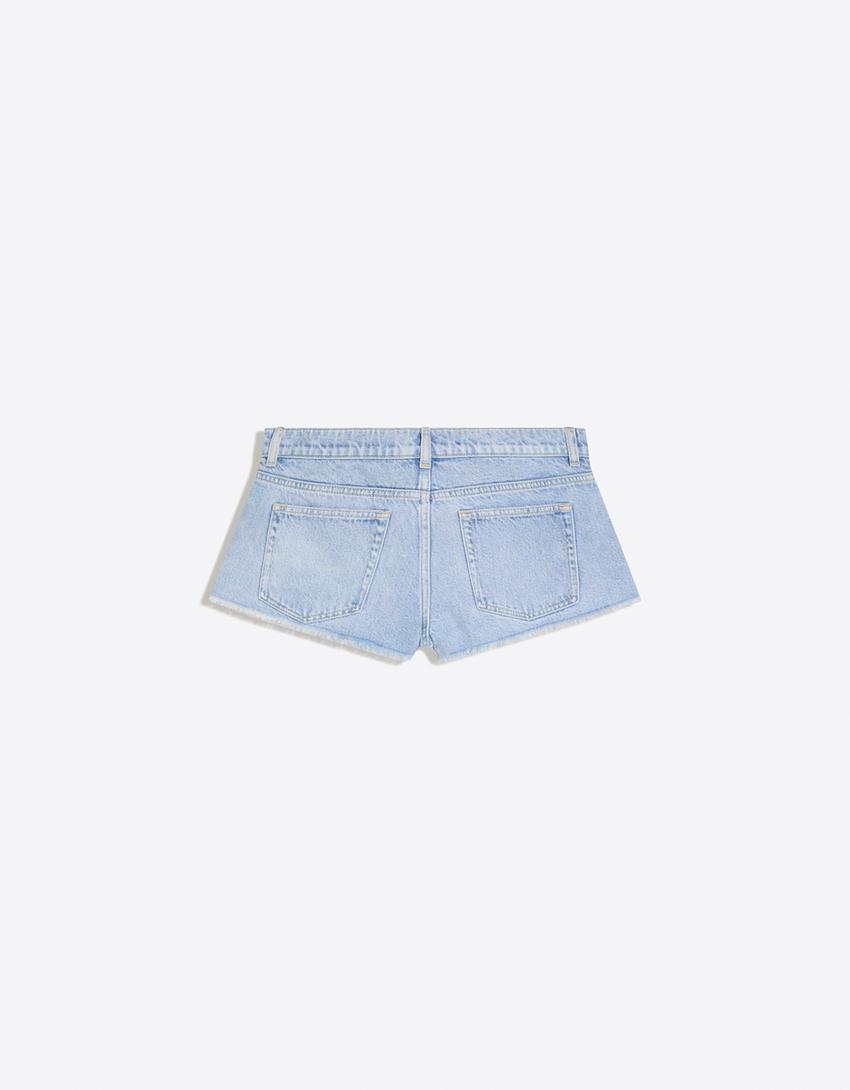 Short denim mini bajo desflecado-Azul lavado
