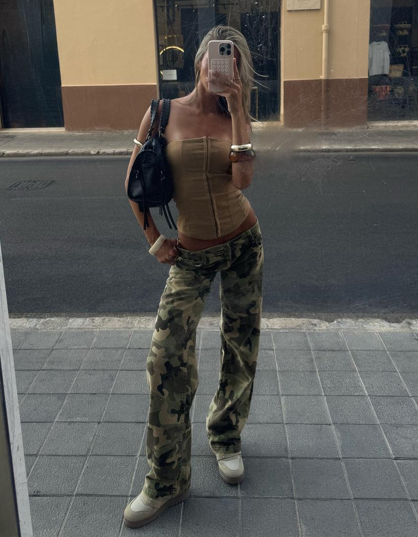 Printed straight-leg trousers-Khaki