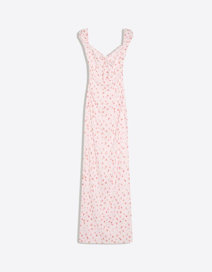 Printed lace midi dress-Pink