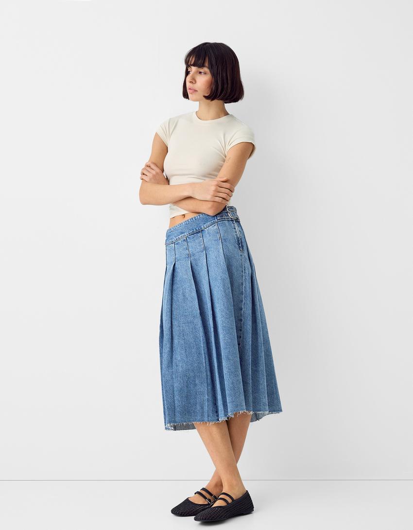 Jupe-culotte denim midi plissée-Bleu lavé-0