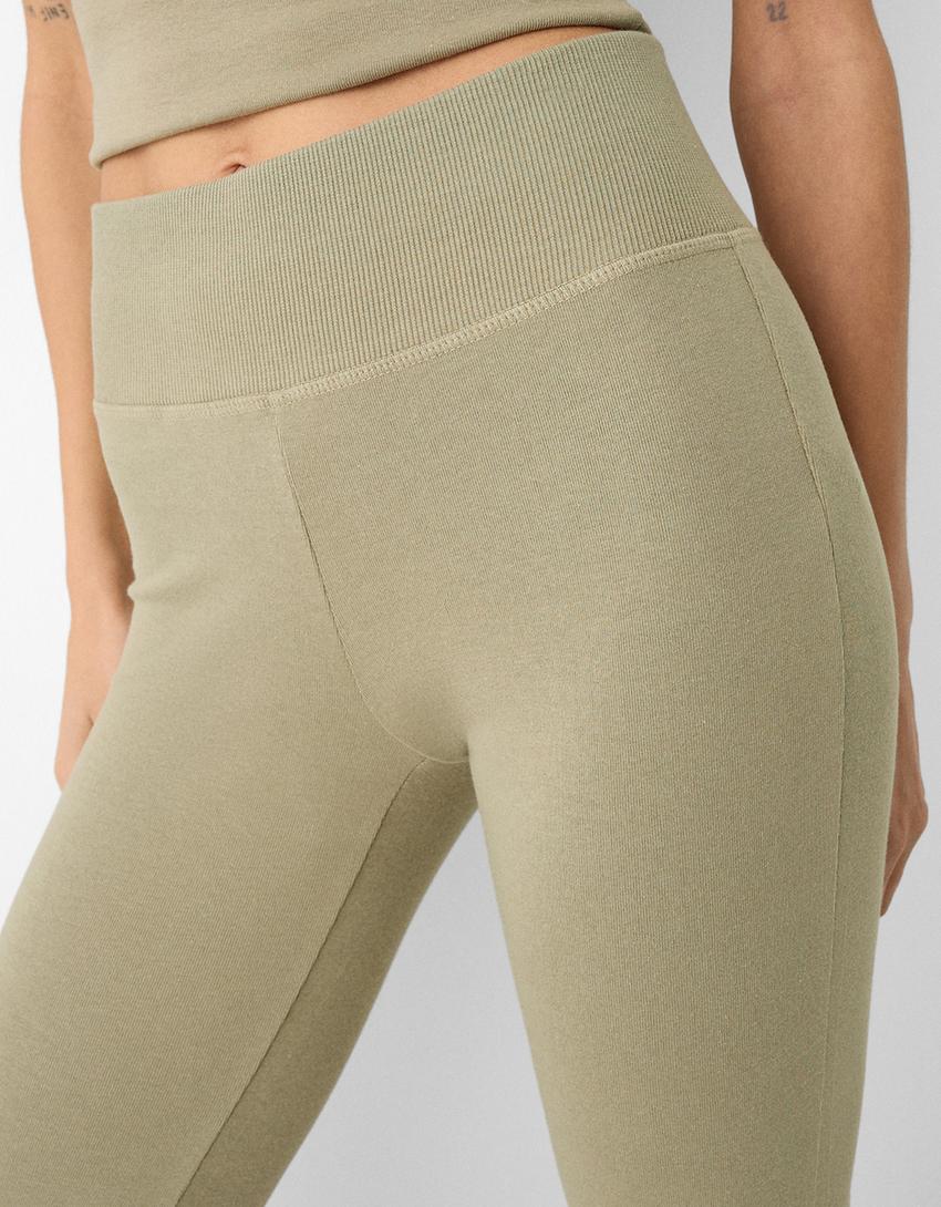 Ribbed waist flared trousers-Khaki-3