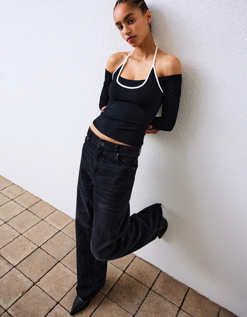 Camiseta manga larga cuello halter-Negro