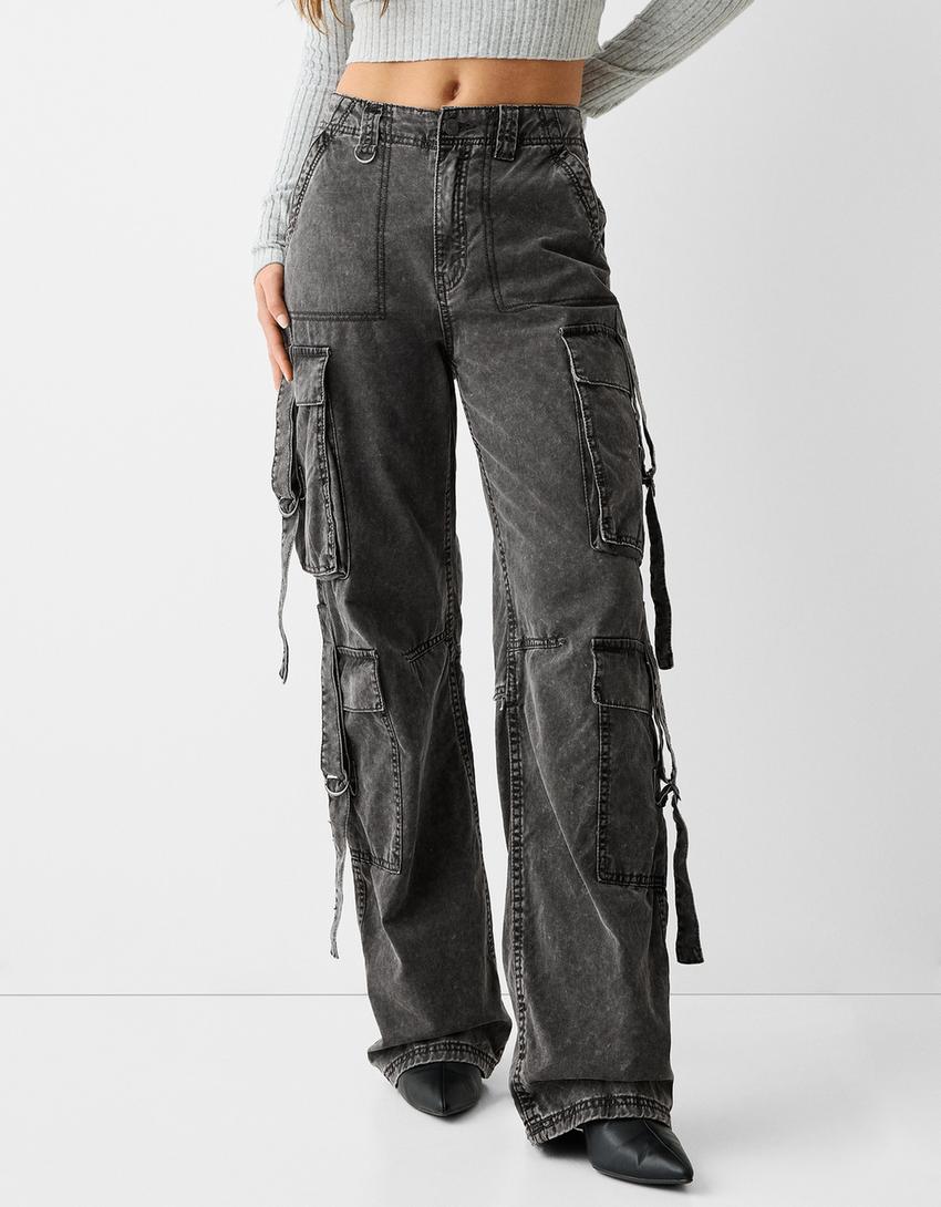 Pantalon cargo coton lanières-Gris-1