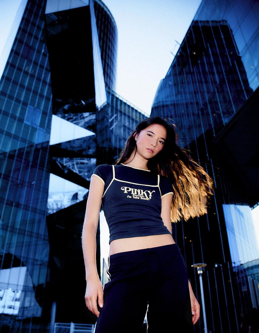 Double short sleeve contrast print T-shirt-Navy