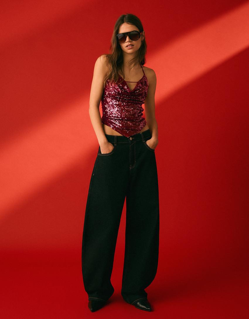 Draped sequin halter top-Red