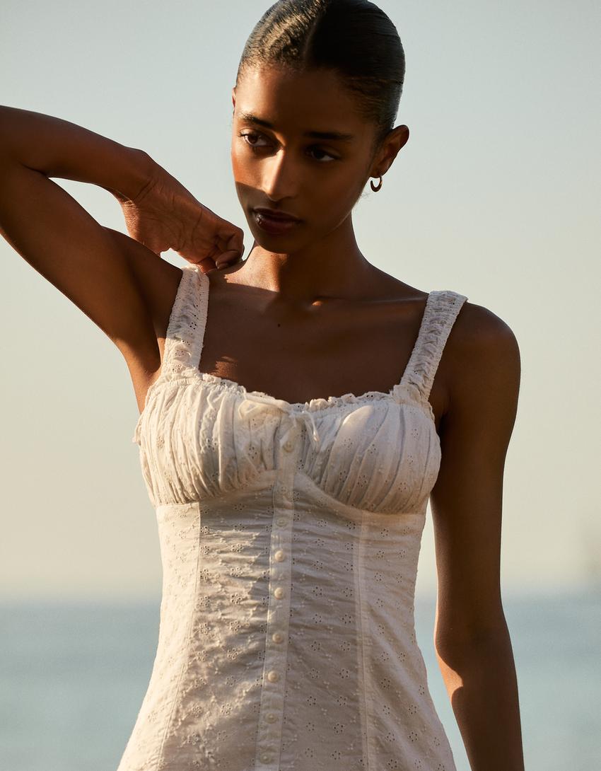 Robe mini cintrée évasée brodée-Blanc-2