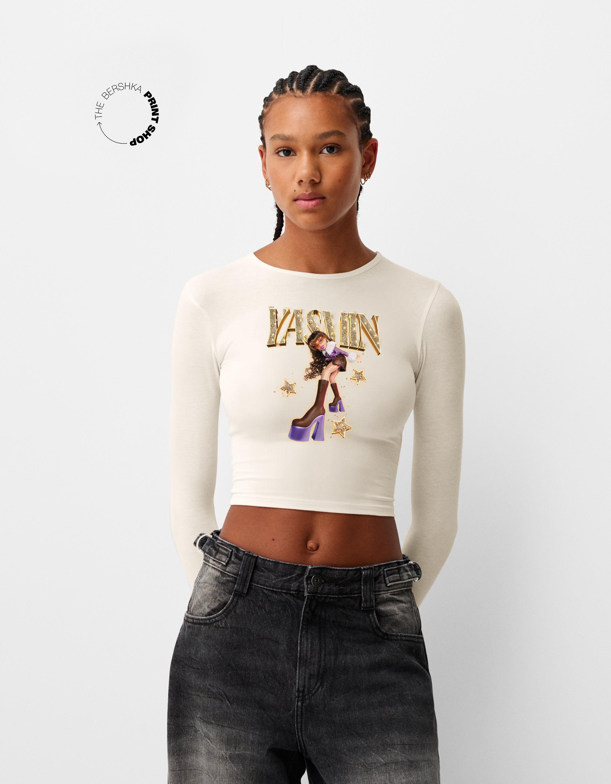 Bershka Langarmshirt Bratz Mit Langen Ärmeln Damen Xs Rohweiß