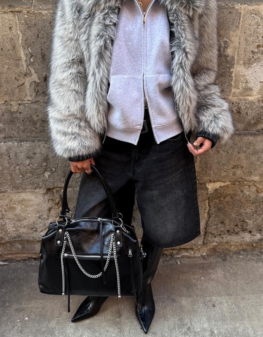Zip-up faux fur jacket-Grey