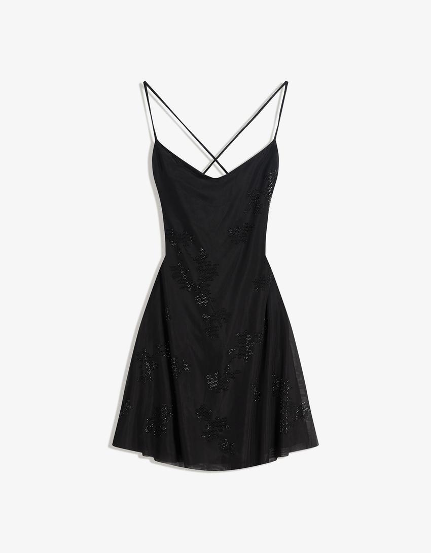 Mini strappy tulle diamante dress-Black