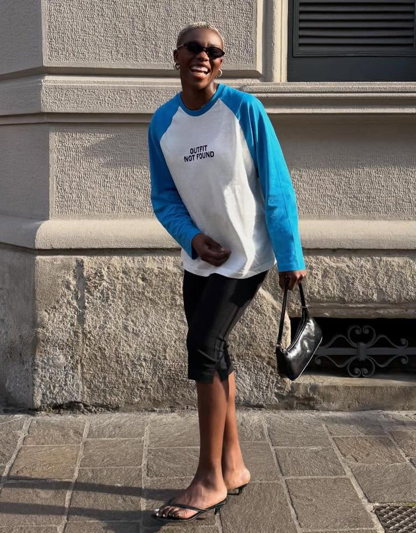 Uzun kollu kontrast baskılı tişört-Kirli beyaz