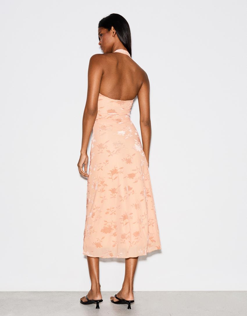 Flocked tulle halter midi dress-Orange
