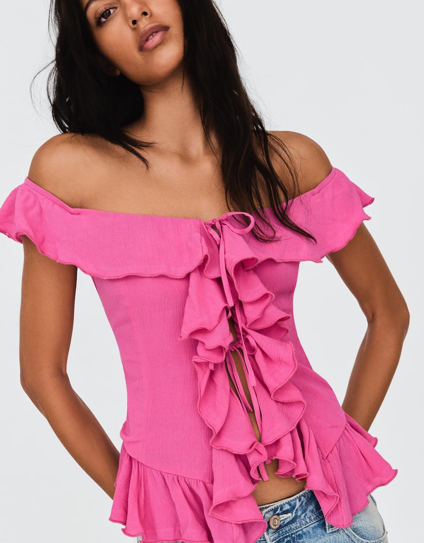 Bardot ruffled top-Fuchsia