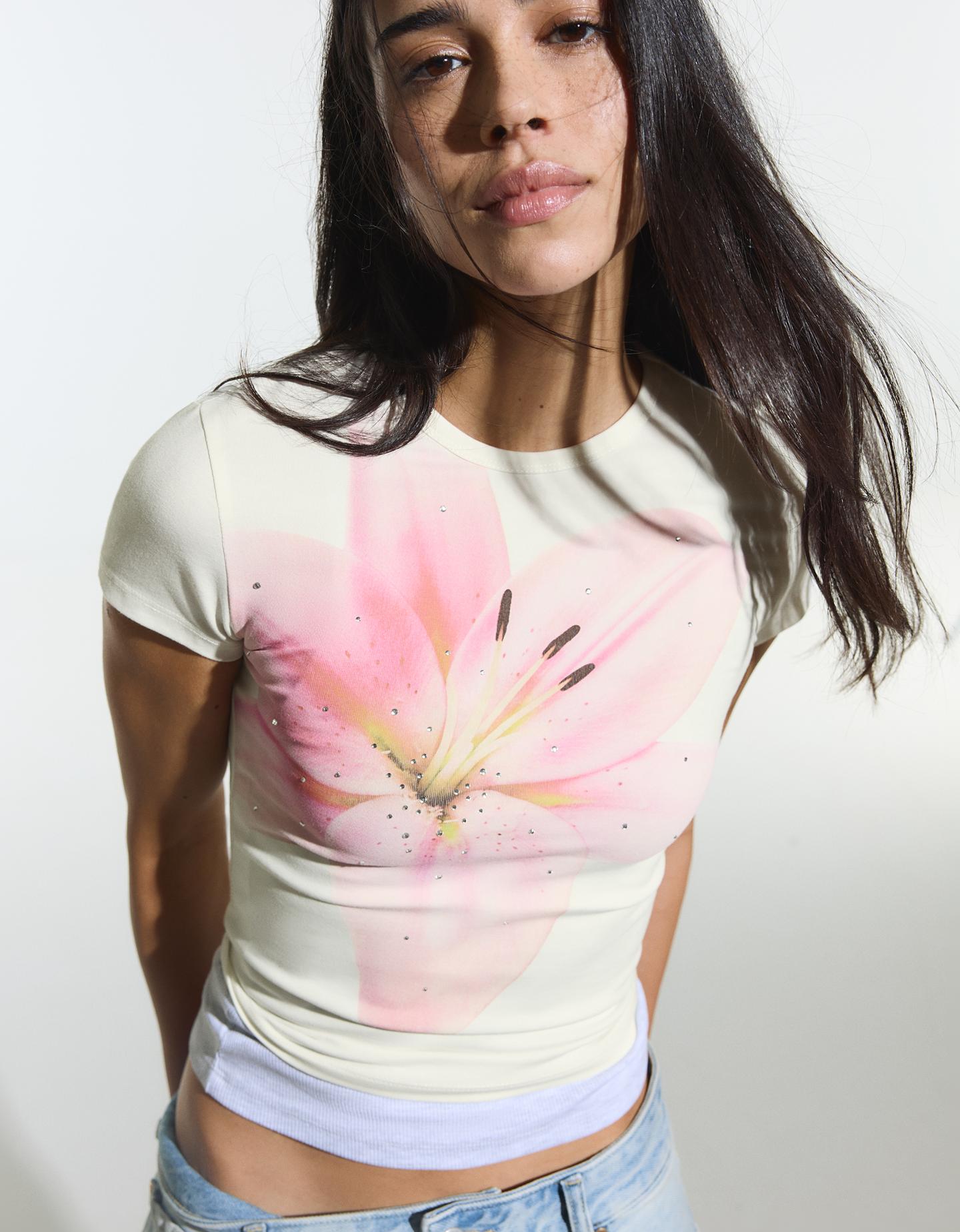 Bershka Maglietta A Maniche Corte Stampata Donna Xs Rosa