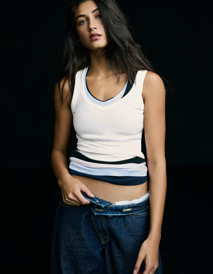 Basic ribbed strappy T-shirt-Off white