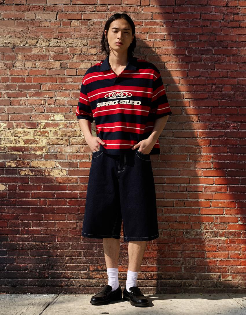 Embroidered stripe short sleeve polo shirt-Red