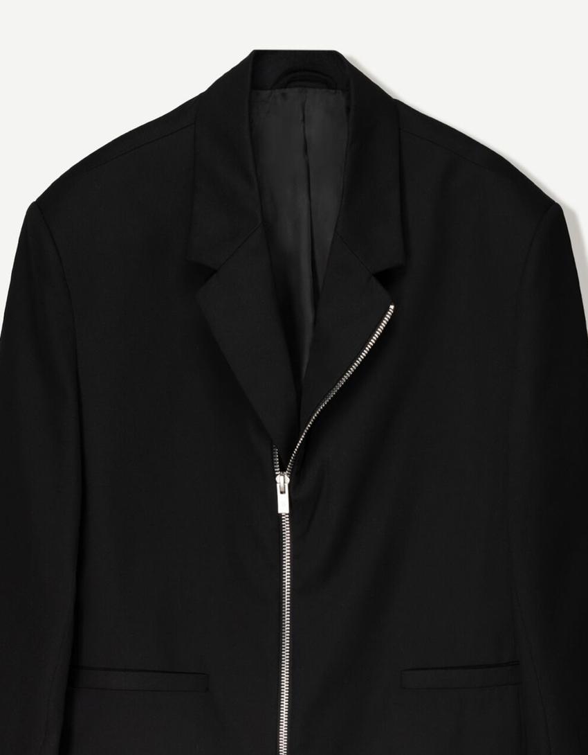 Cropped blazer with zipper-Black-2