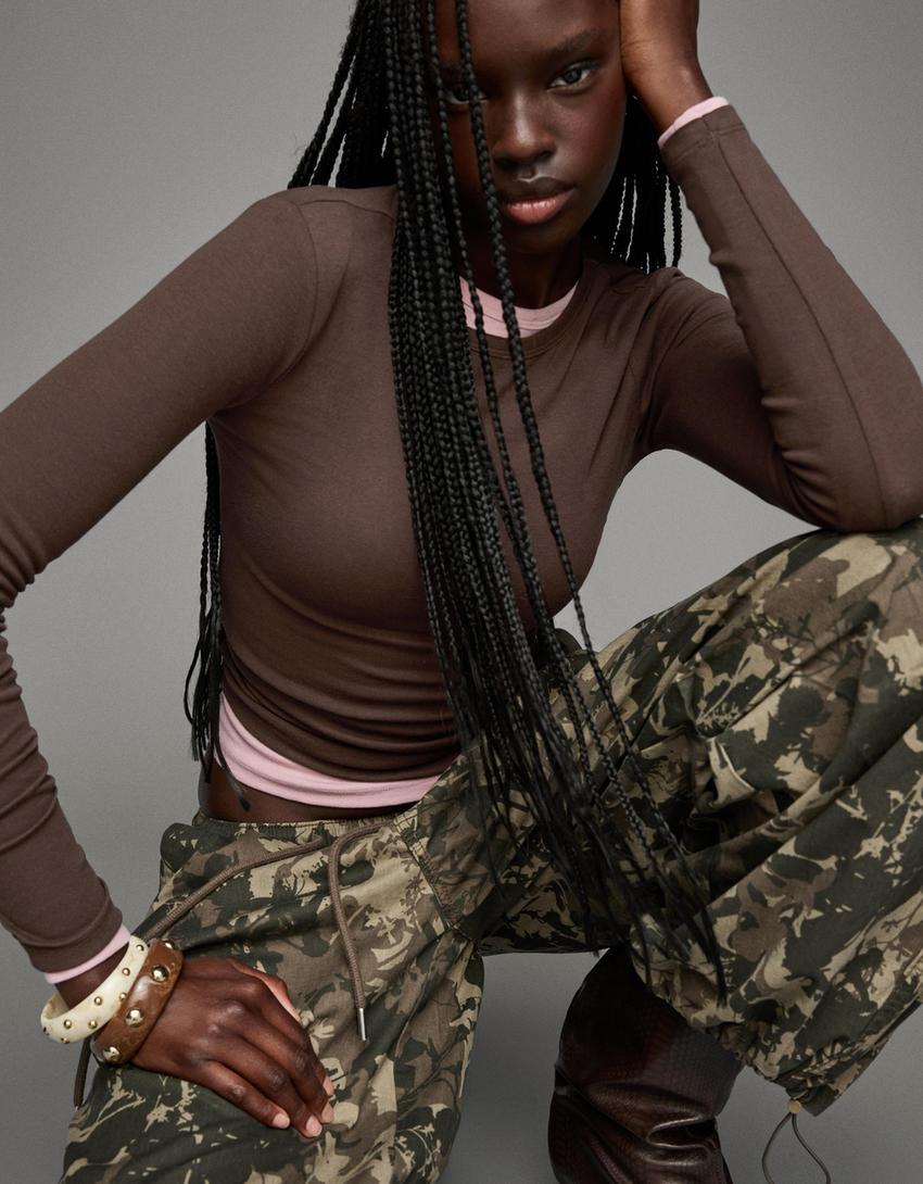 Топ із довгими рукавами-Коричневий