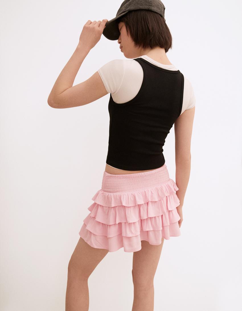 Fırfırlı mini etek-Pembe-2