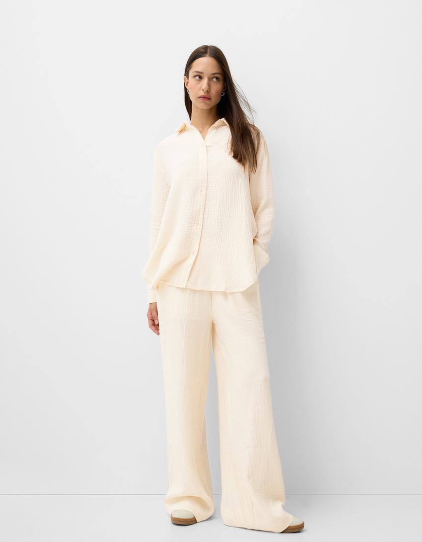 Double fabric chiffon trousers-Sand-0