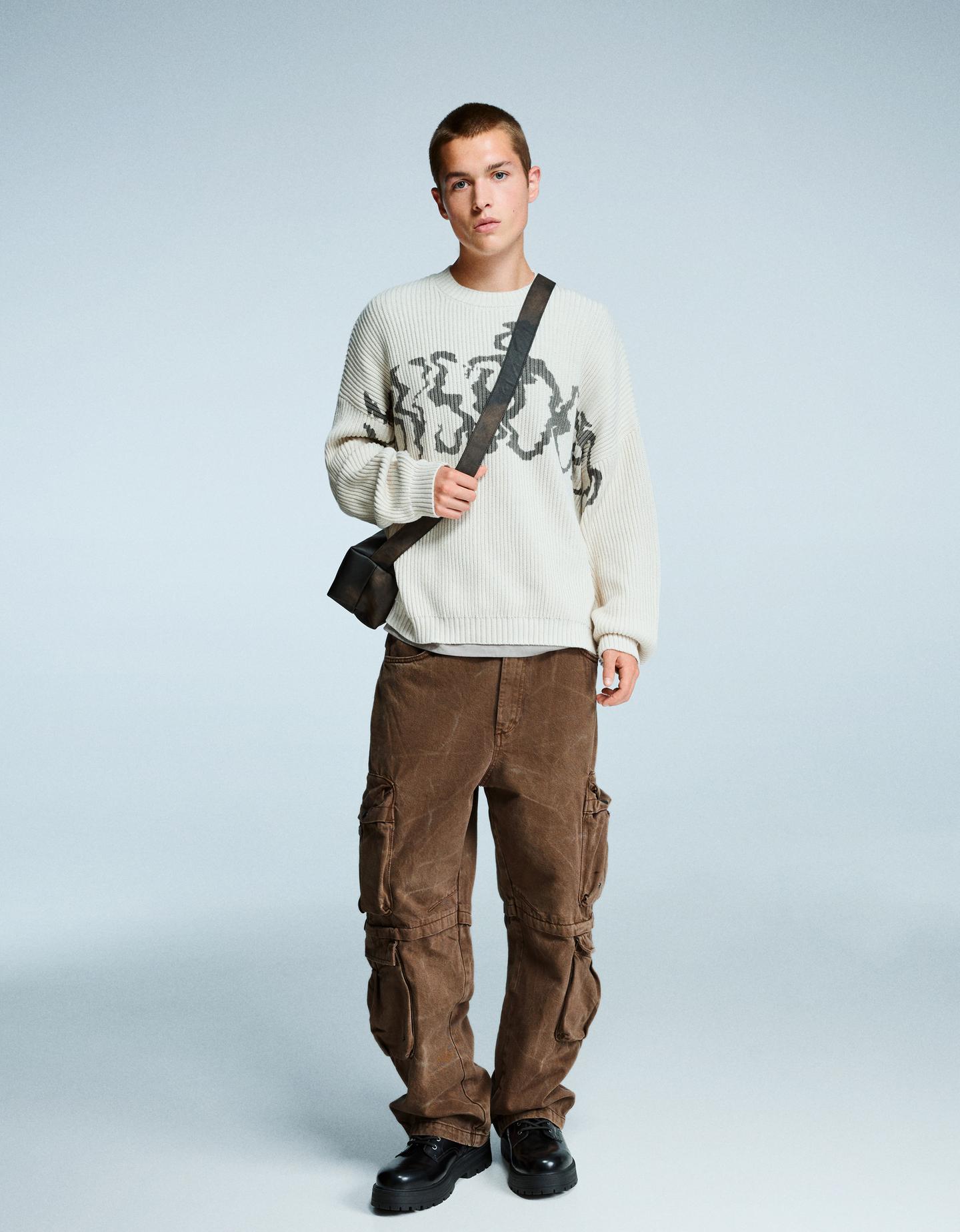 Bershka spodnie multi-cargo baggy z efektem odbarwienia brązowy