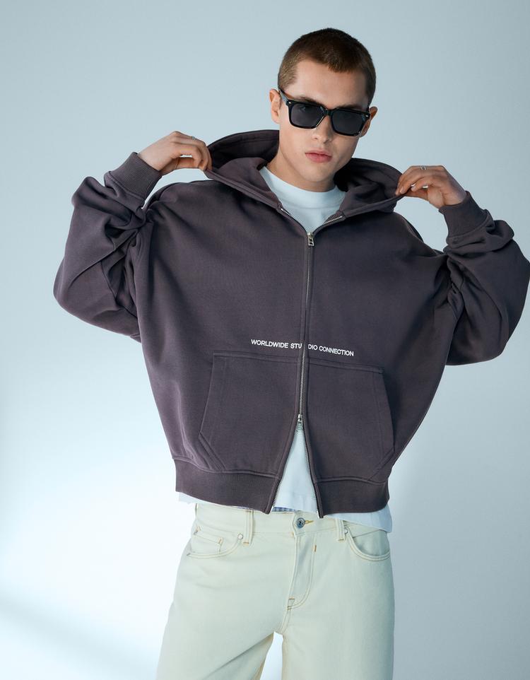 Fermuarlı boxy fit crop baskılı sweatshirt