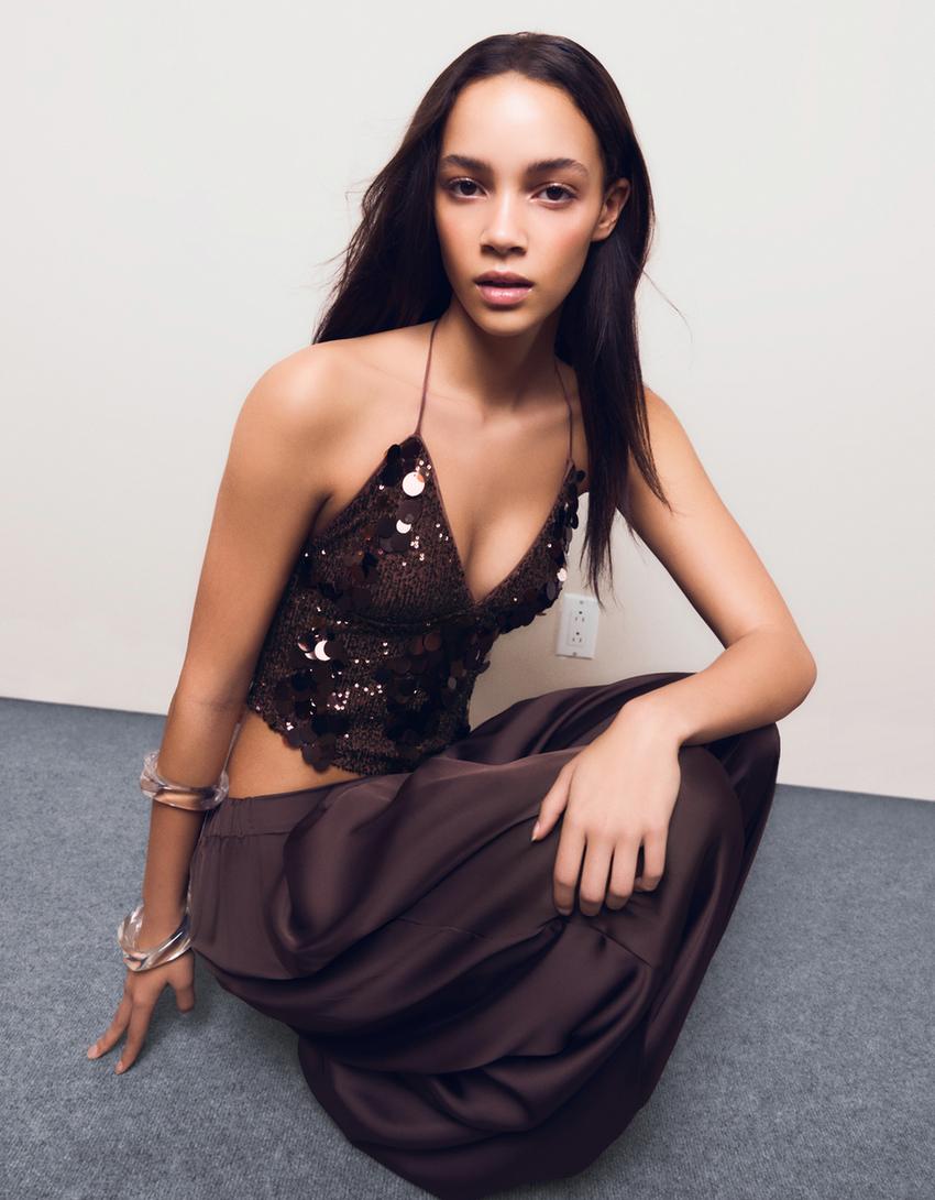 Asymmetric sequin strappy top-Brown