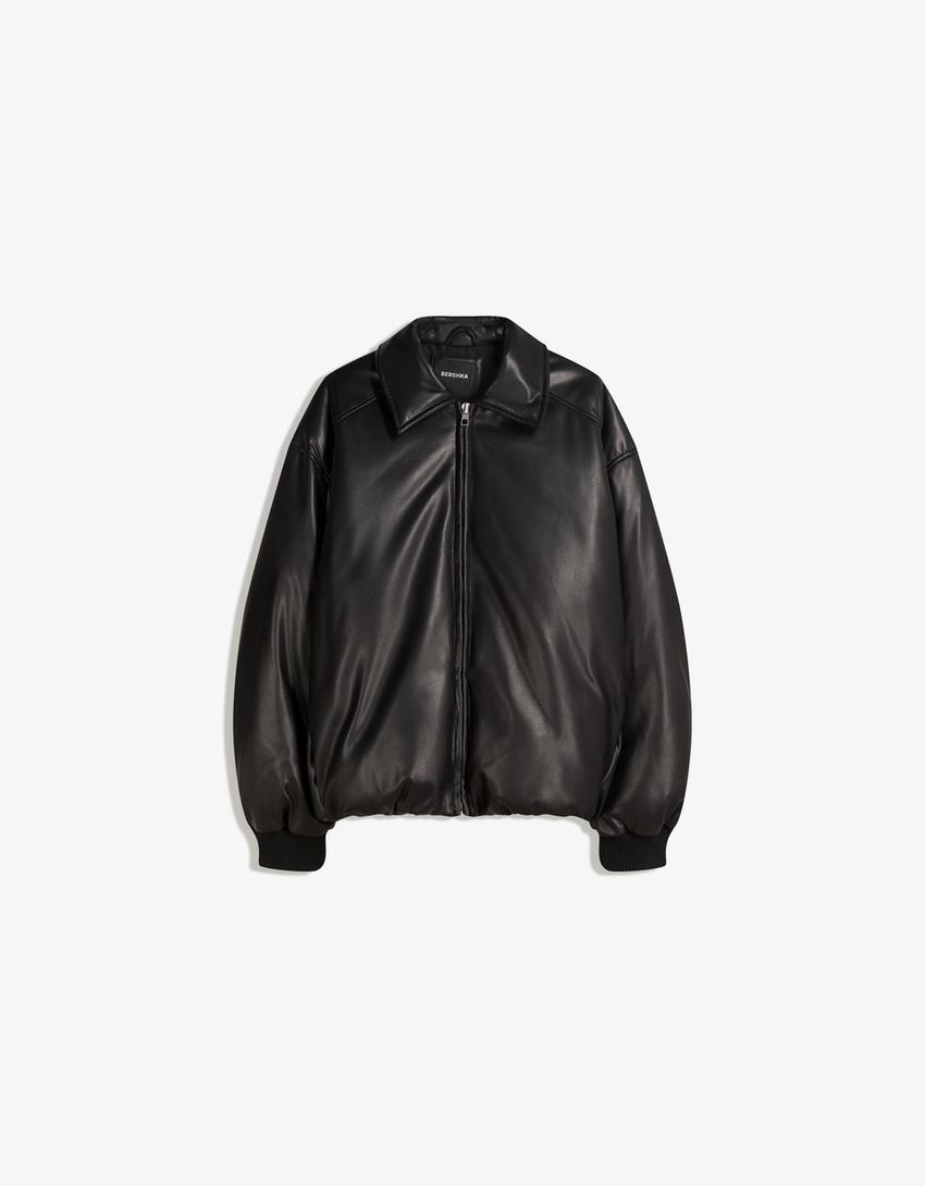 Leather effect puffer jacket-Black