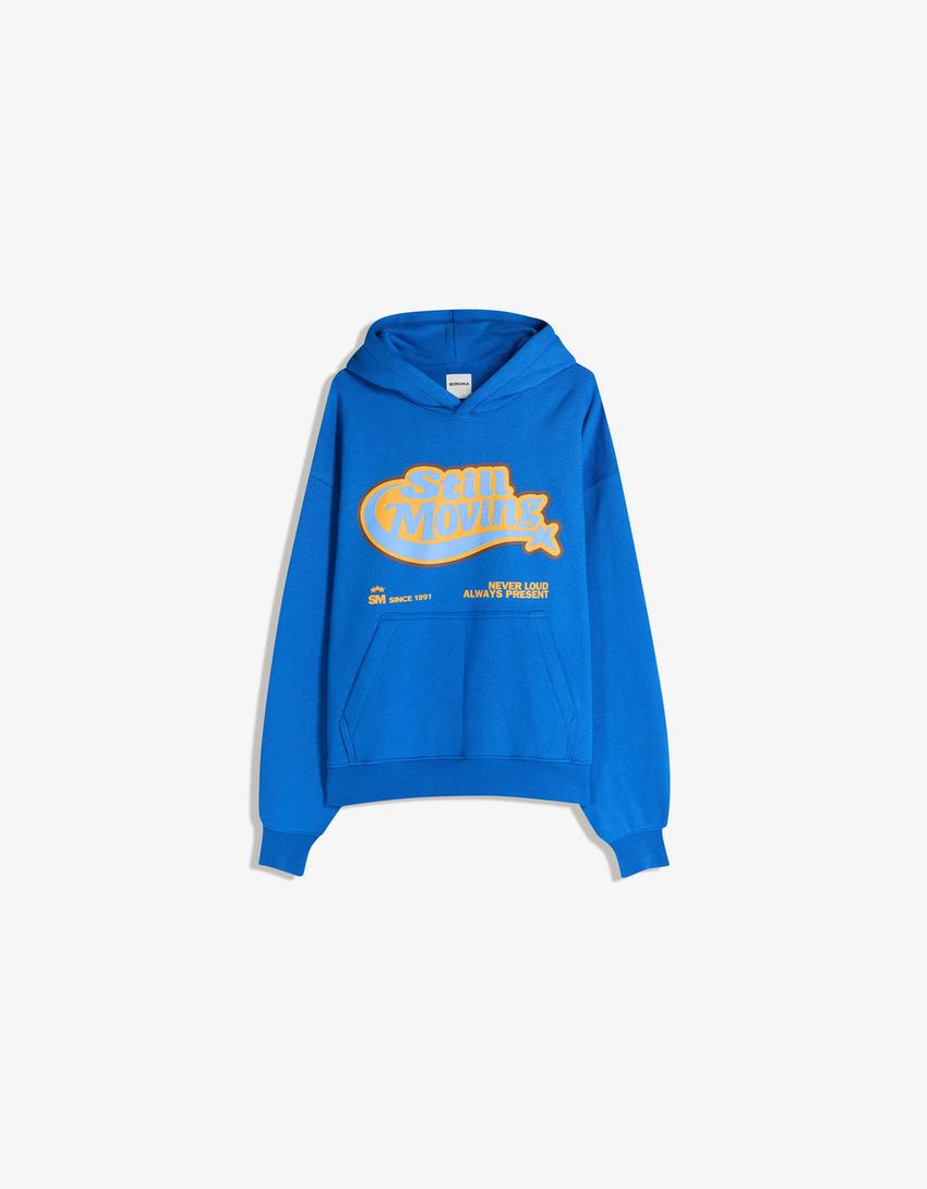 Felpa cappuccio stampa-Azzurro