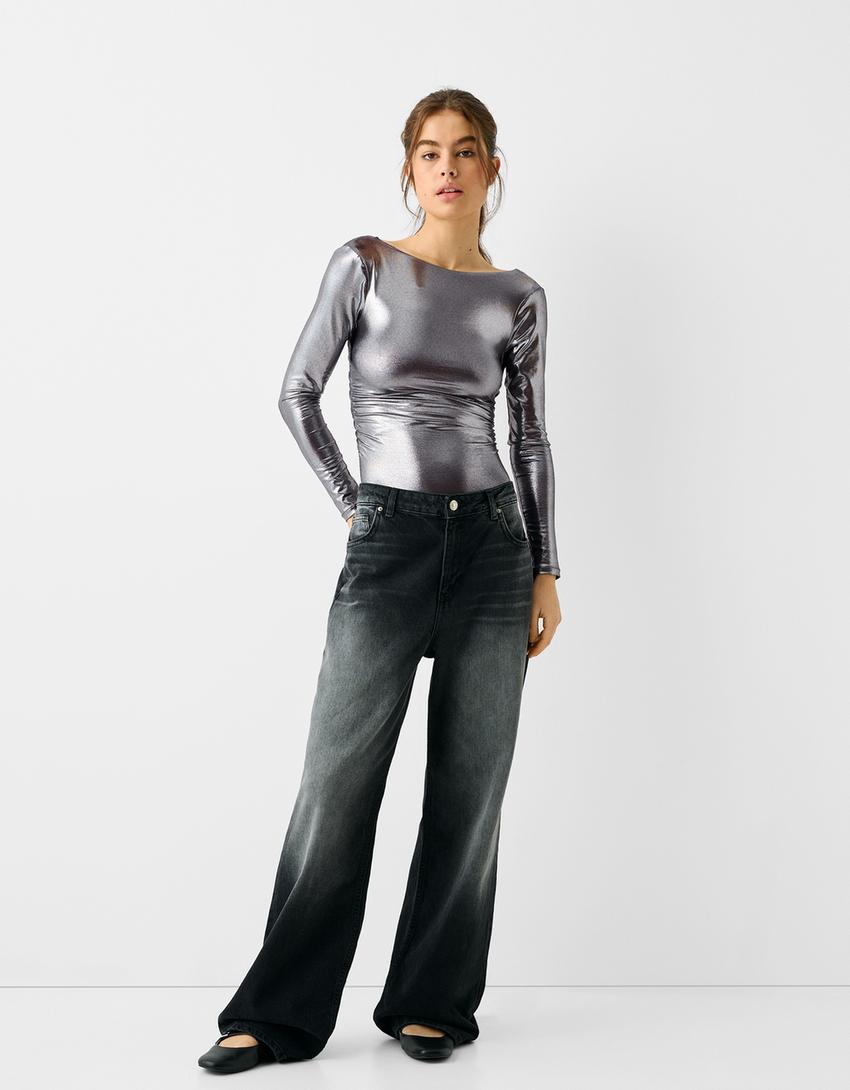 بودي بأكمام طويلة وزمة جانبية-فضي-2