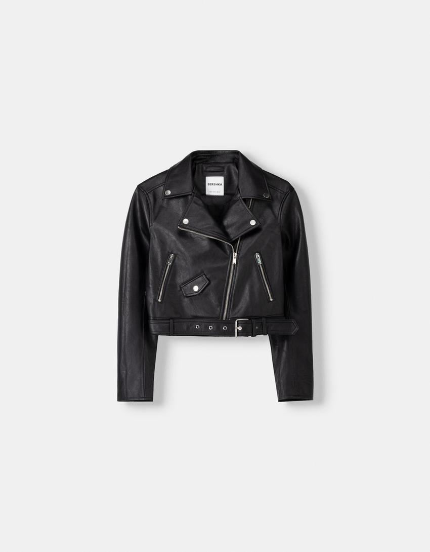 Cazadora biker efecto piel Cazadoras y trench Mujer Bershka