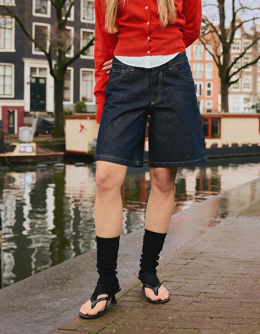 Baggy denim shorts-Navy