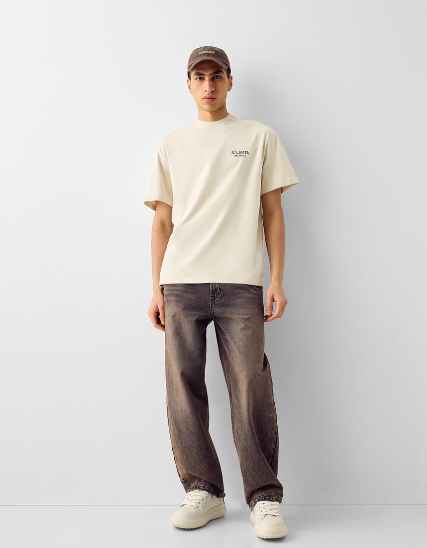 Boxy fit short sleeve varsity print T-shirt-Camel-3