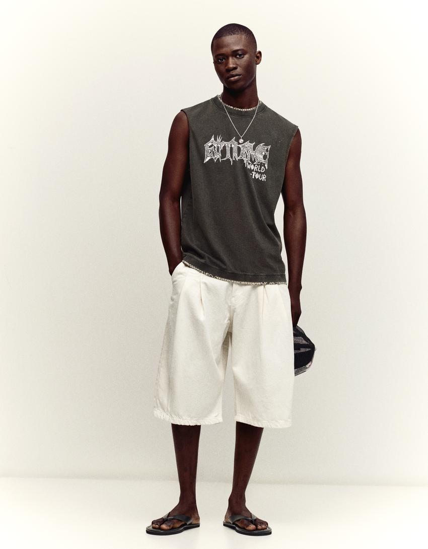 Faded effect worker print T-shirt-Black