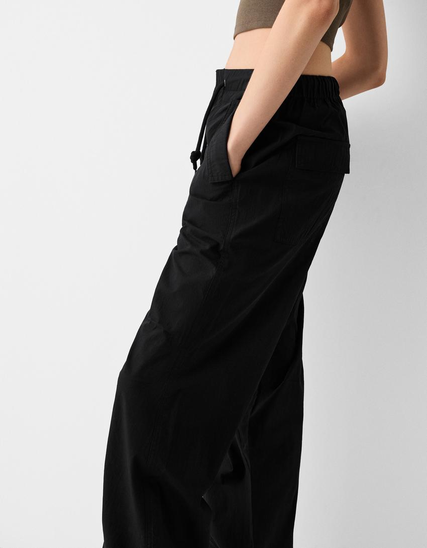 Naylon karışımlı paraşüt pantolon-Siyah-3