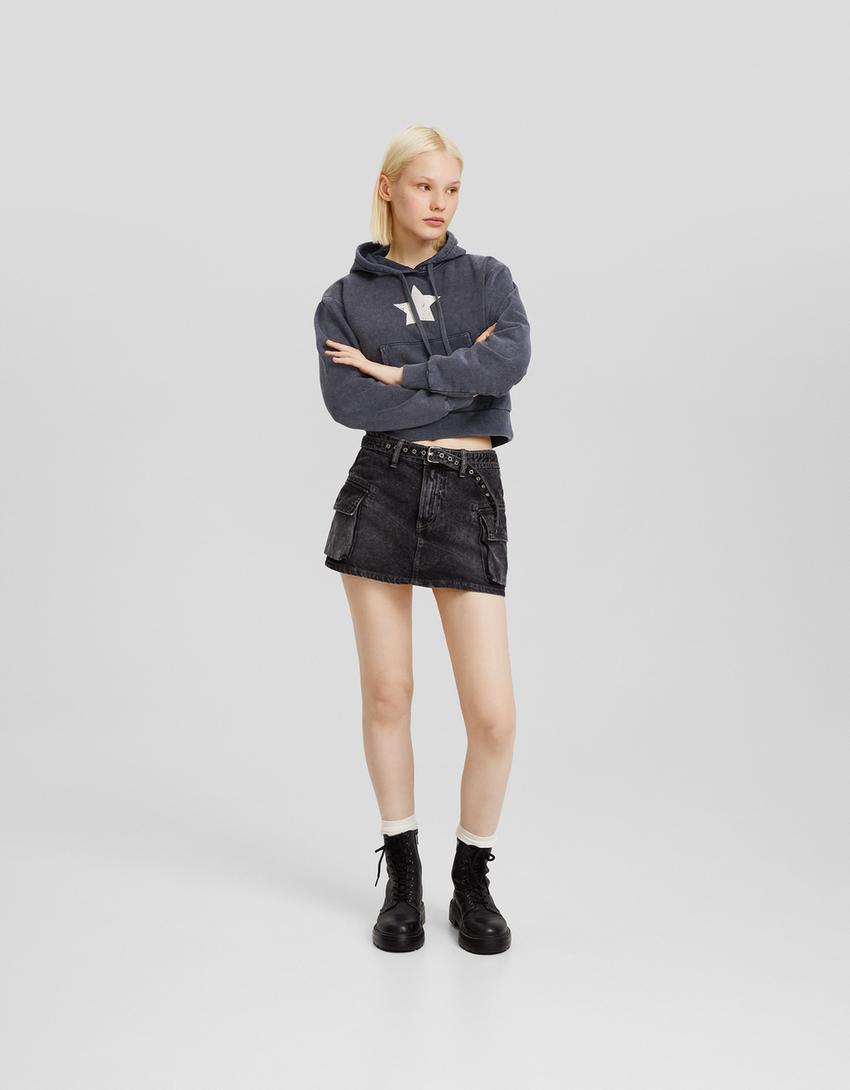 Sweatshirt de capuz com efeito lavado estampado-Cinzento-escuro-3