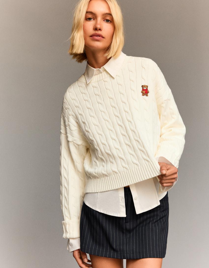 Pull torsadé brodé-Écru-0