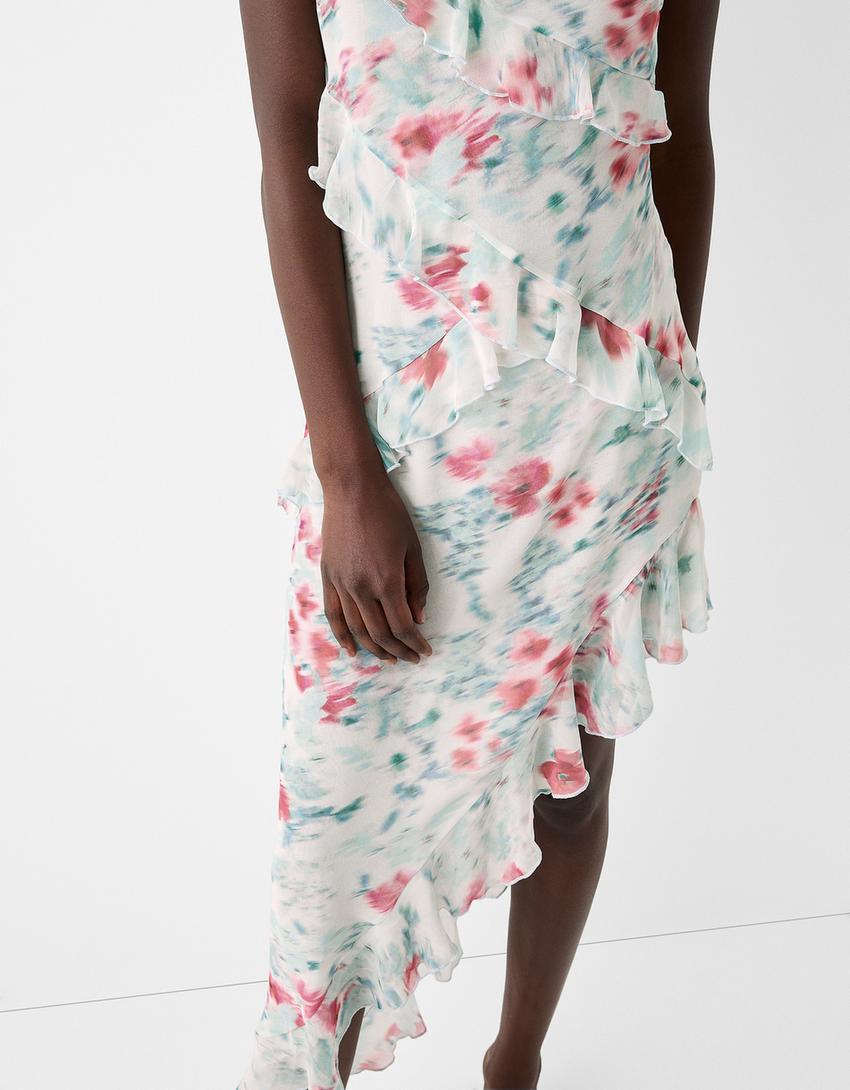 فستان متوسط الطول بطبعة زهور وكشكش-متعدد الألوان-3