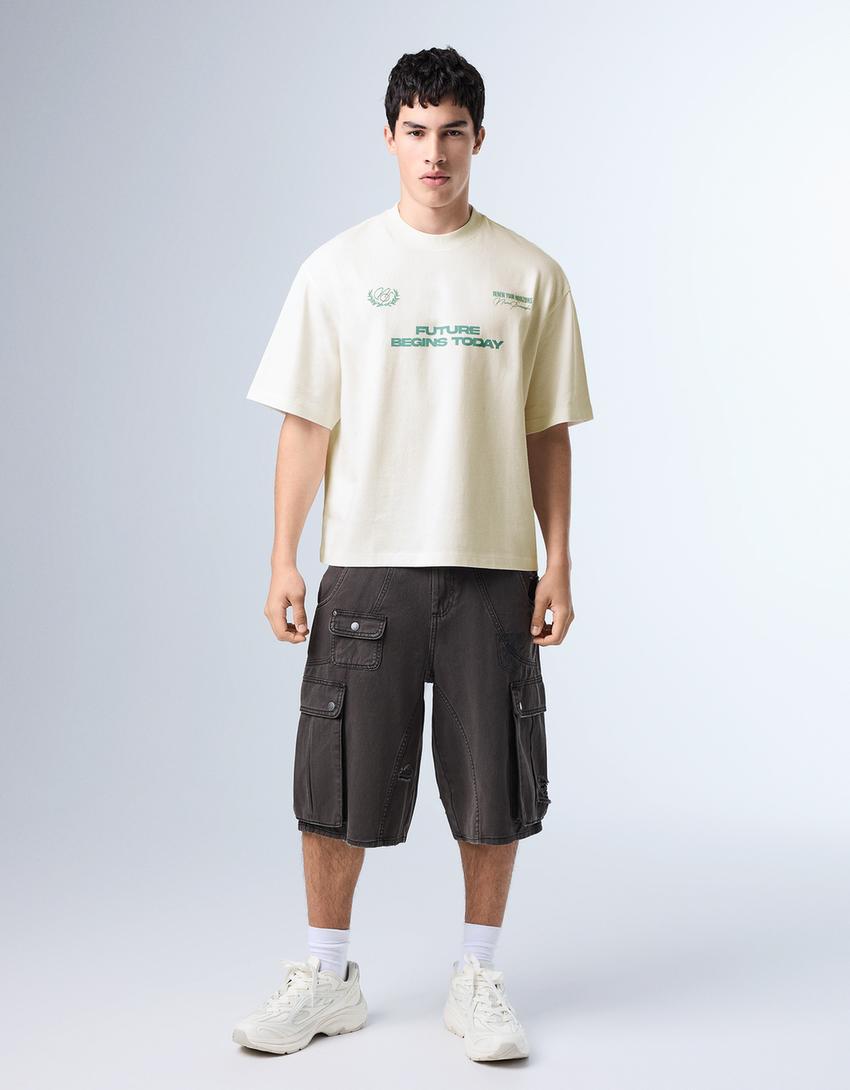 Relaxed fit baskılı tişört-Beyaz