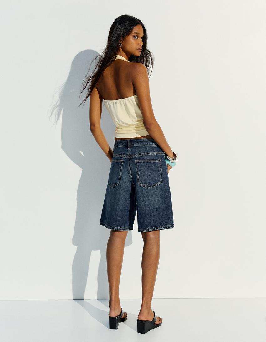 Denim Bermuda shorts with crossover waist-Blue